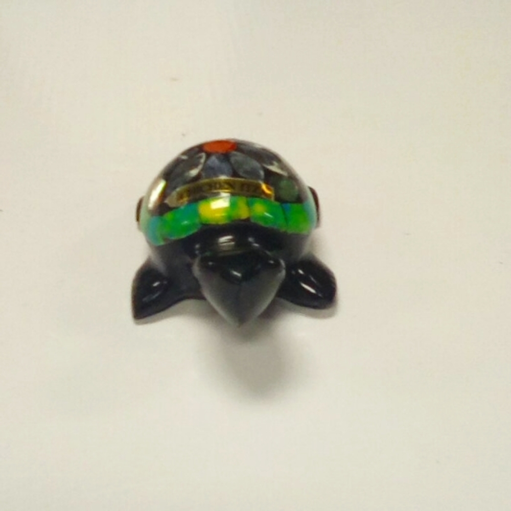 Obsidian Glass Abalone Shell Mother Of Pearl Inlay Mosiac Design Turtle Figurine